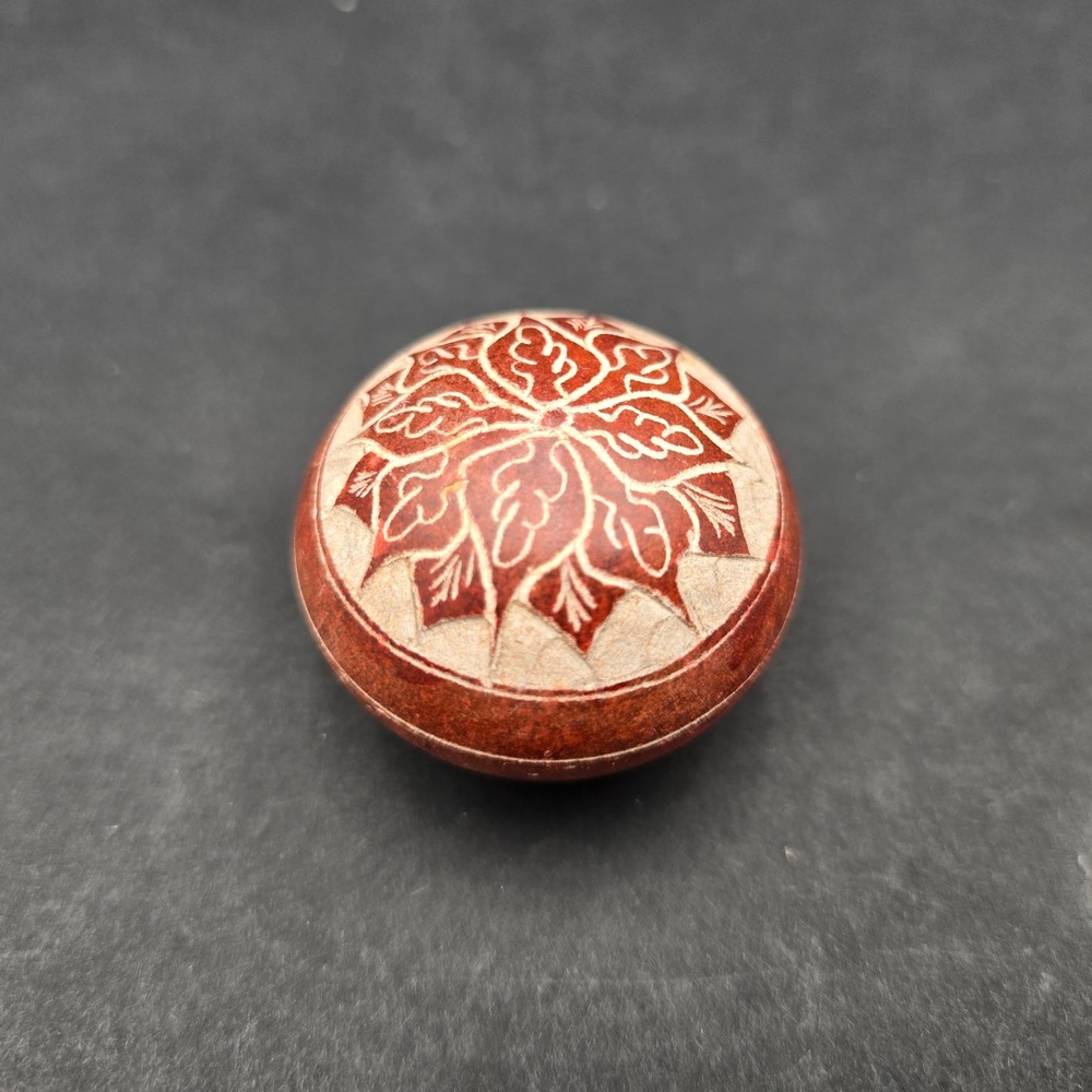 Vintage Turkey Hand Carved Soapstone Trinket Box Red Floral Etched Round Mini